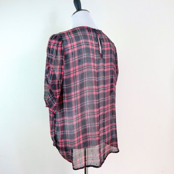 Torrid Size 0 / L Chiffon Lurex Ruched Sleeve Blouse Plaid Red Black - Picture 4 of 10